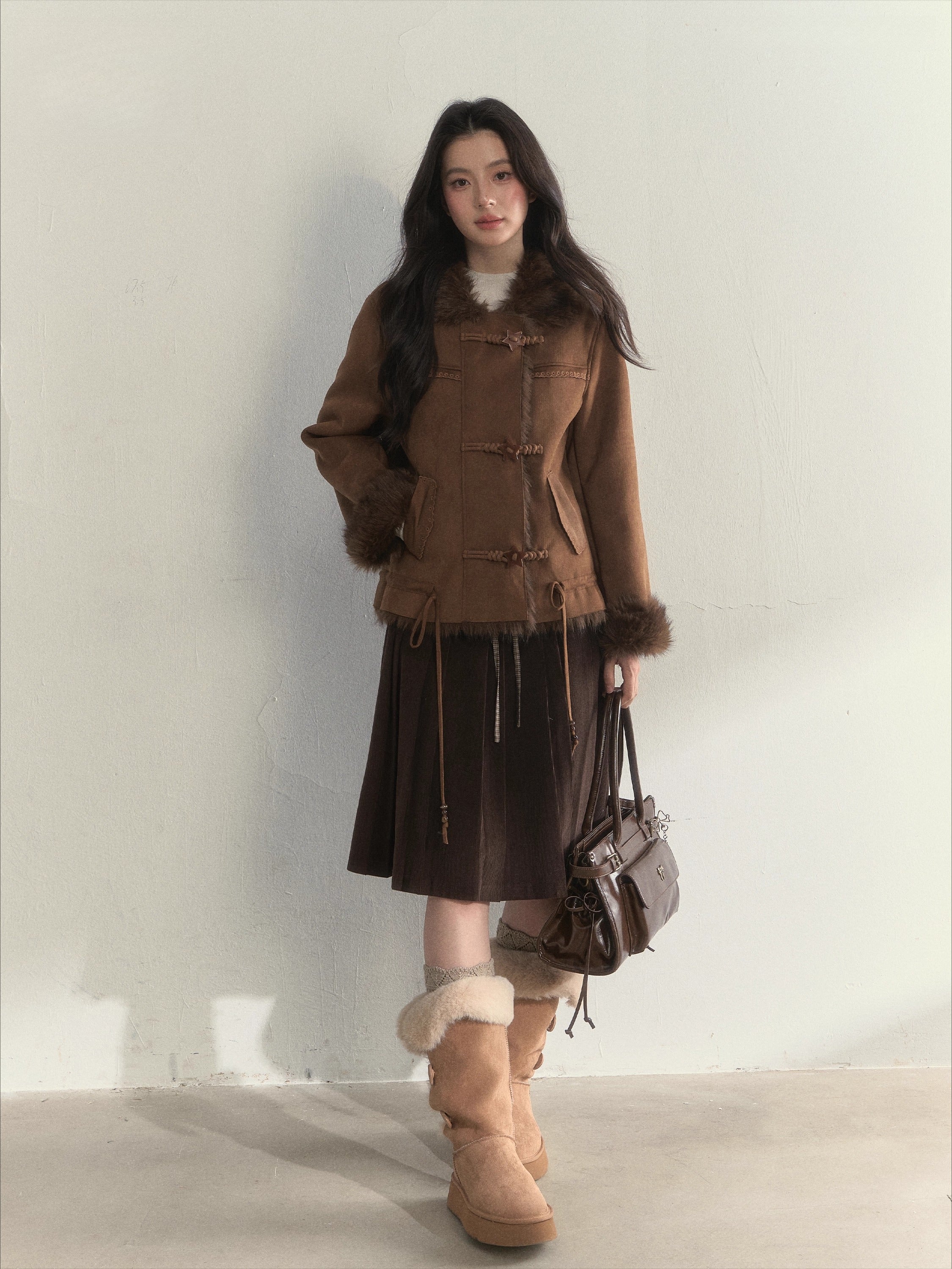 Oak Brown Suede Embroidered Shearling Jacket