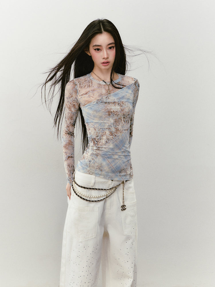 Printed Mesh Contrast-colored Long-sleeve T-shirt - CHINASQUAD
