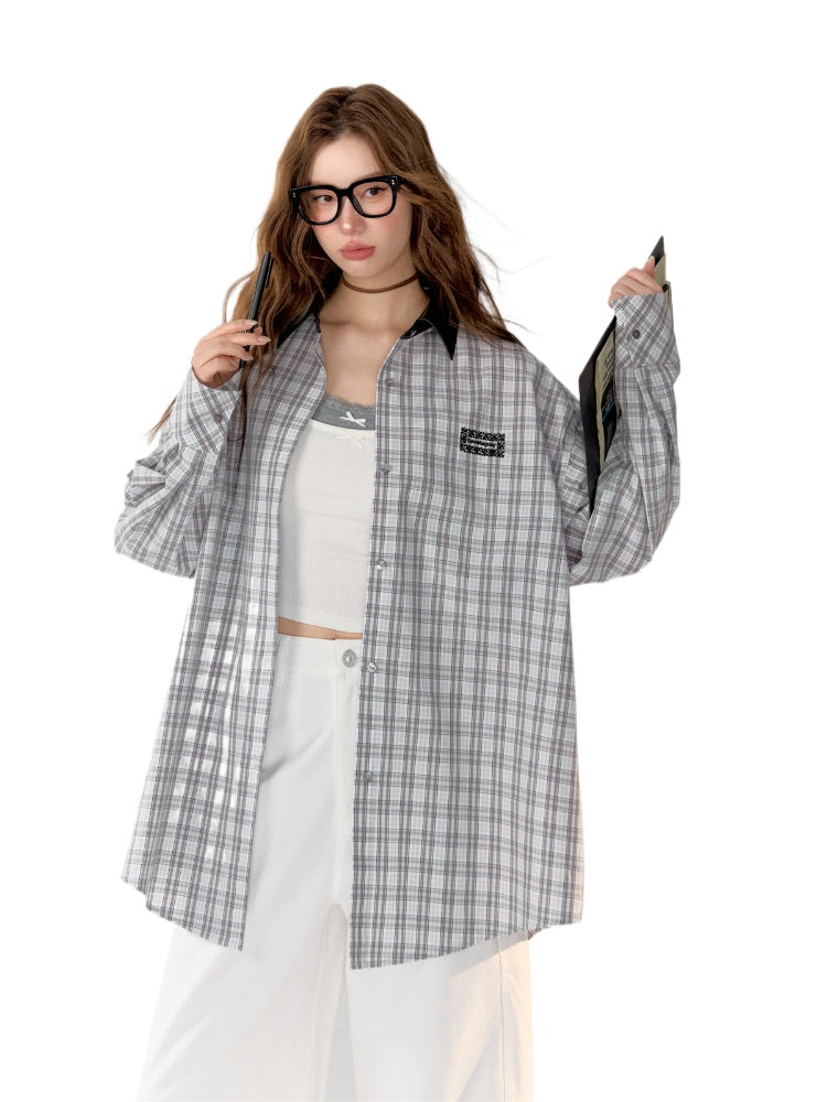 Leather Collar Embroidered Lace Plaid Shirt - CHINASQUAD