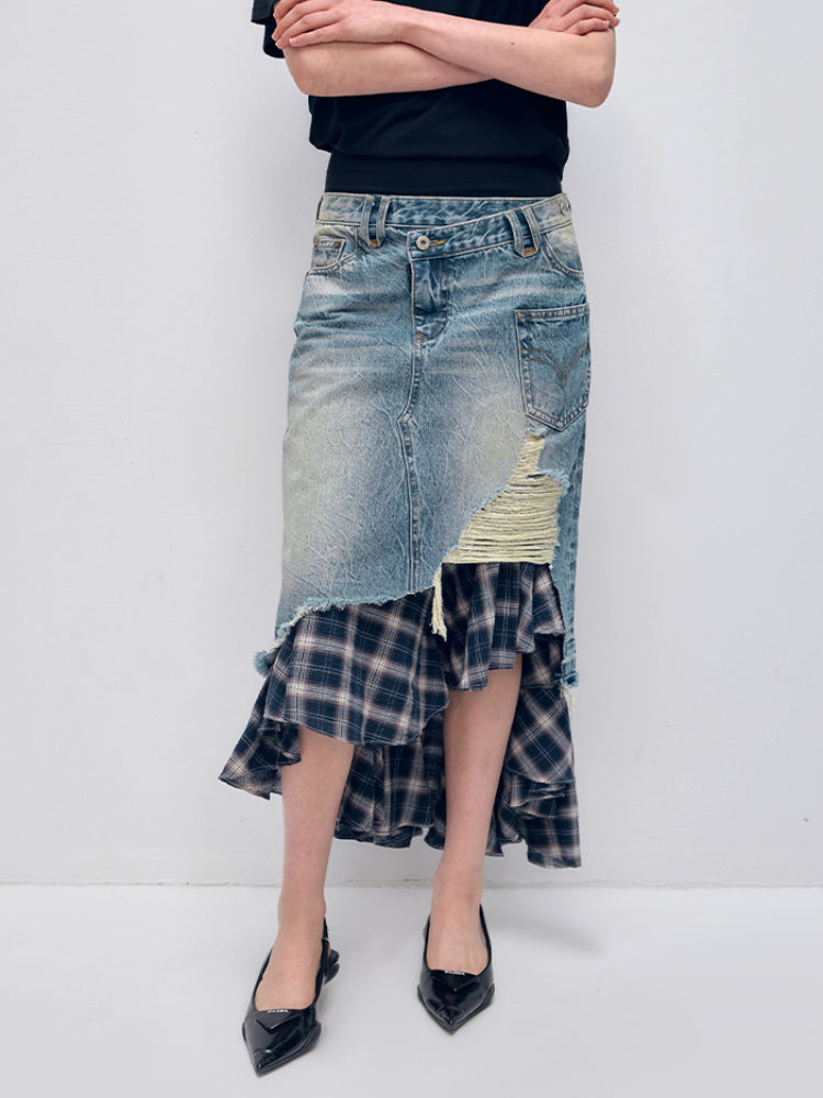 Irregular Denim Patchwork Plaid Fish Tail Skirt - CHINASQUAD