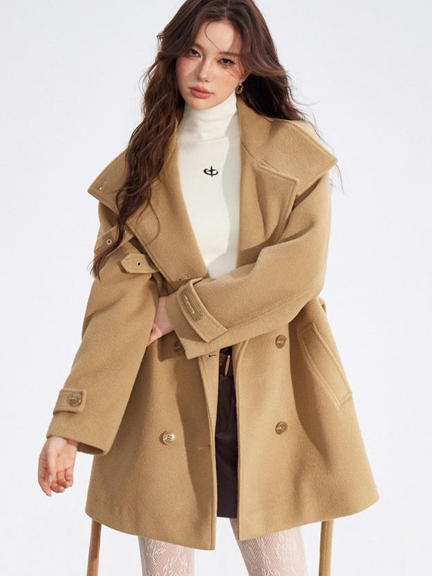 Double-Breasted Wool Blend Stand-Collar Coat