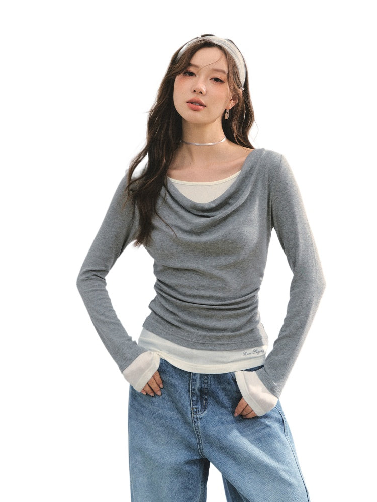 Dangle Collar Fake Two-Piece Color-Blocked Blouse - CHINASQUAD