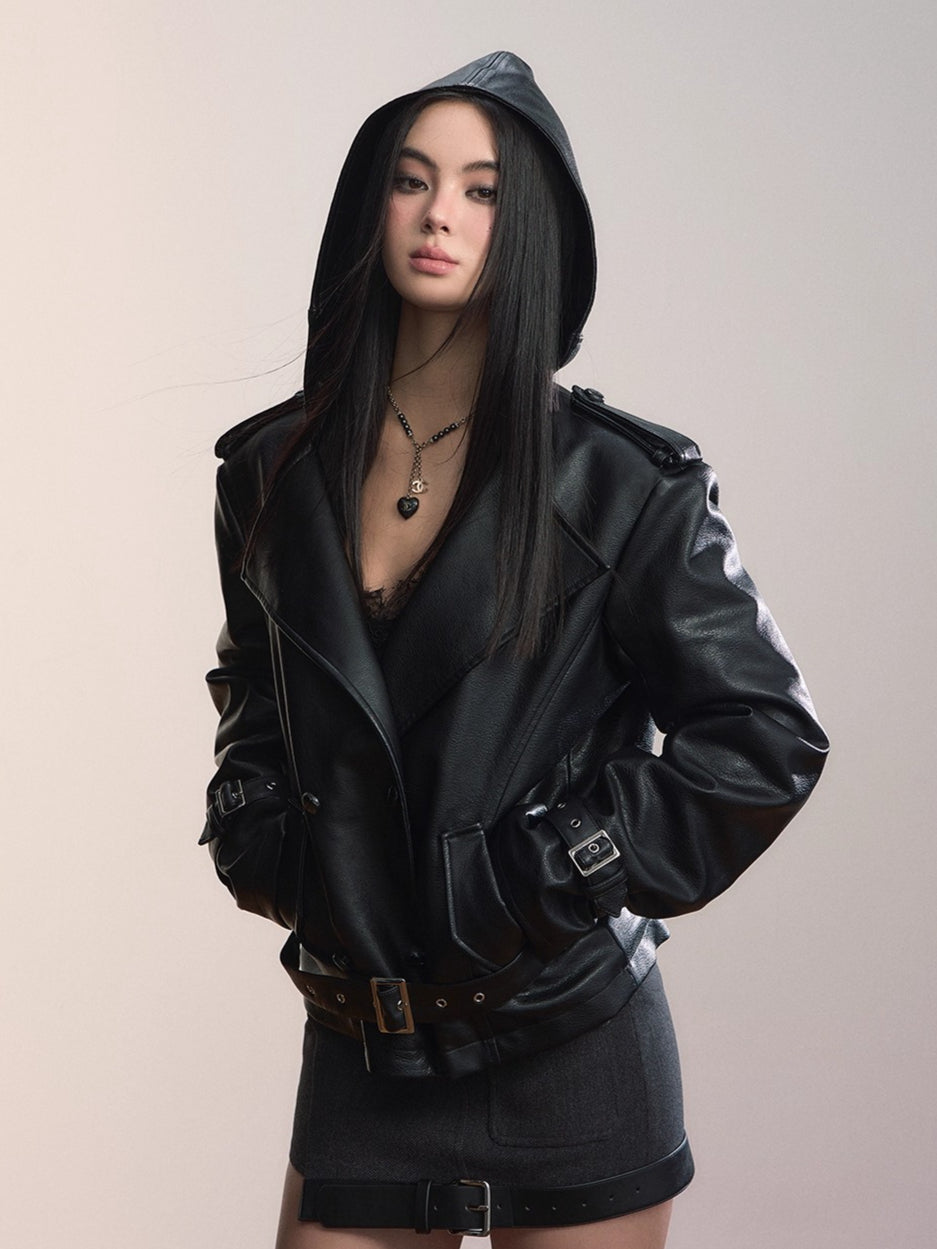 Faux Shearling-Lined Hooded PU Moto Jacket