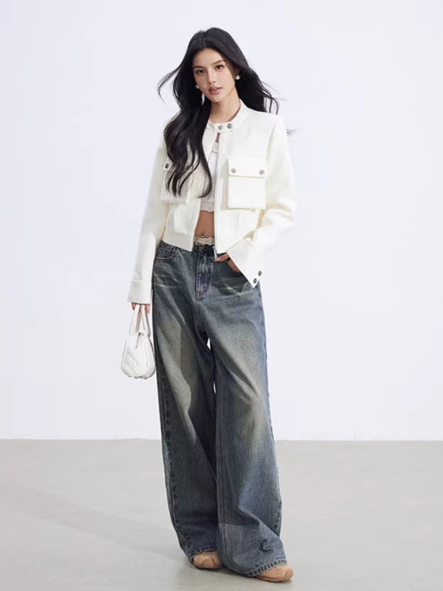 Chic Stand-Collar Tweed-Style Short Jacket