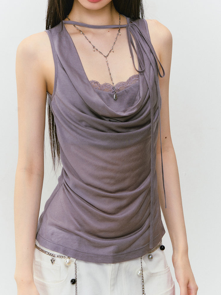 Fake Two-piece Spliced Lace Swing-neck Tank Top - CHINASQUAD