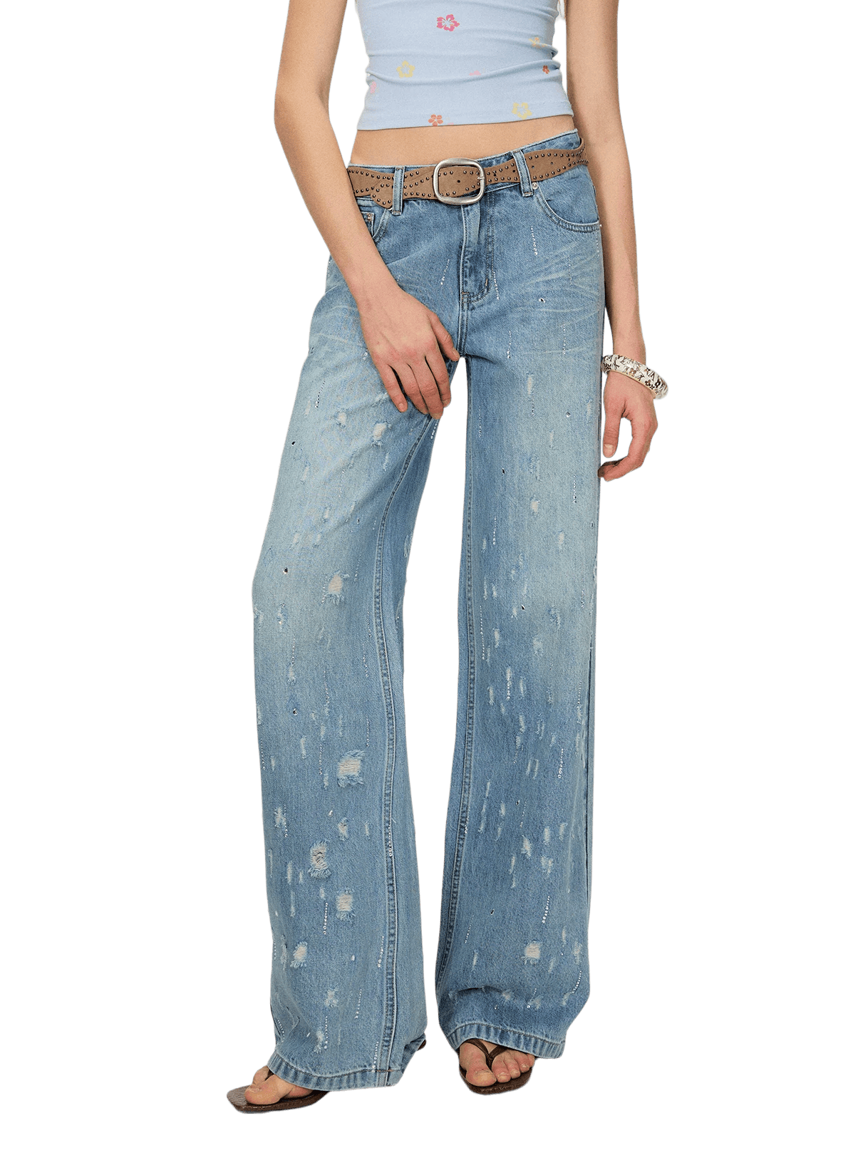 Vintage Washed Blue Rhinestone Embellished Straight-Leg Denim Trousers