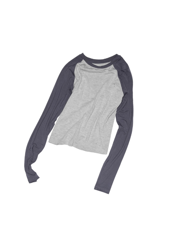 Printed Ripped Color-Block Crew Neck T-shirt
