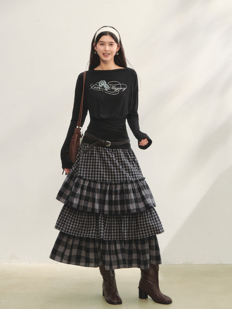 Plaid Patchwork Lace Waist Layered Cake Skirt - CHINASQUAD