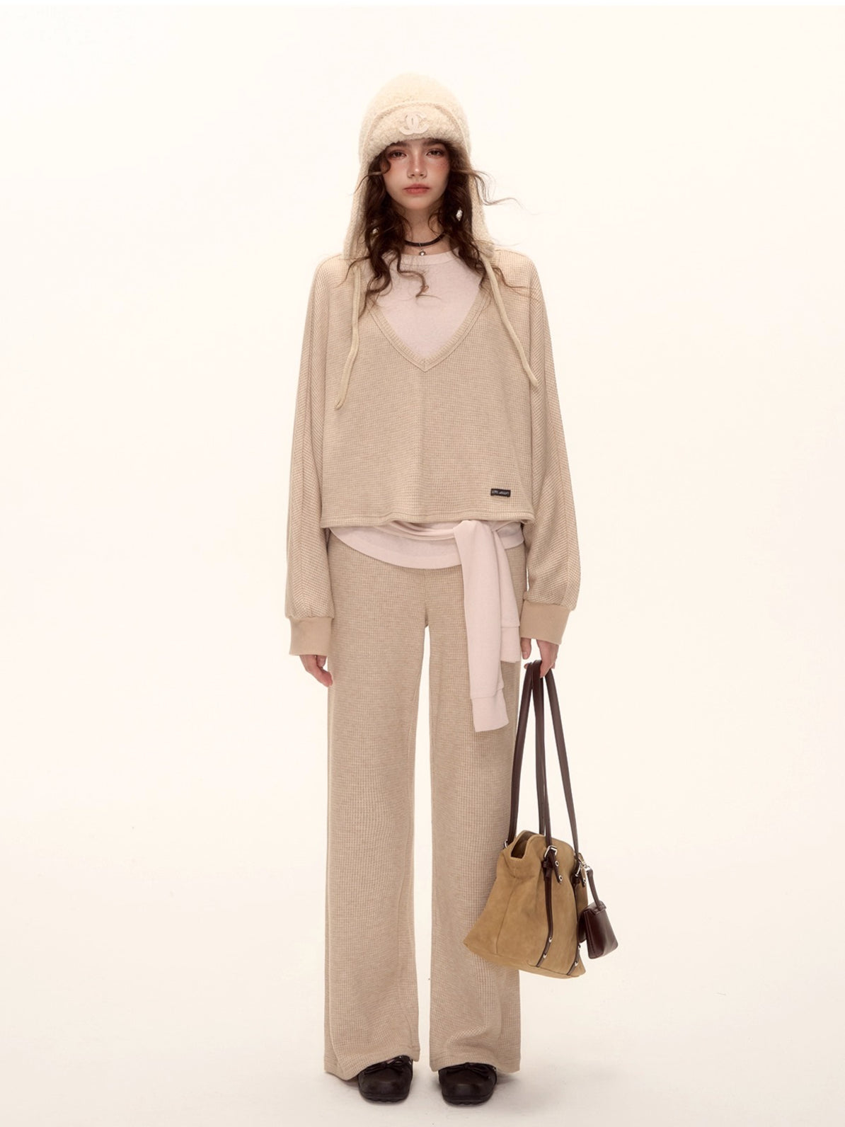 Waffle Knit V-Neck Pullover & Tank Top & Wide-Leg Pants Set