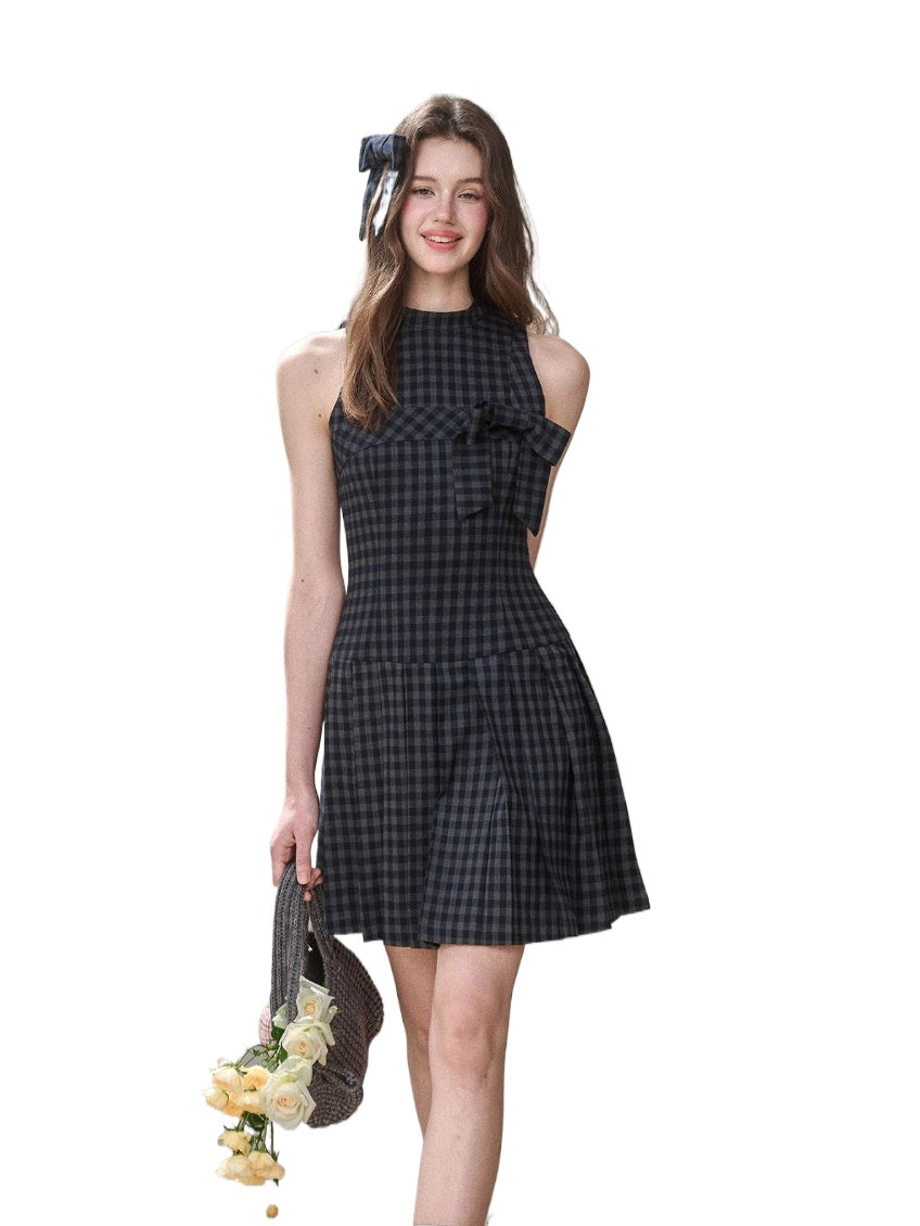 Bow Halter Checked Pleated Dress - CHINASQUAD