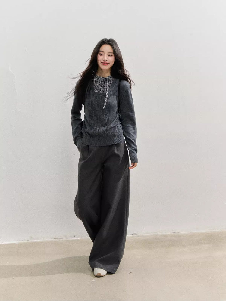 Plaid Panel Fold-Over Waist Straight Pants