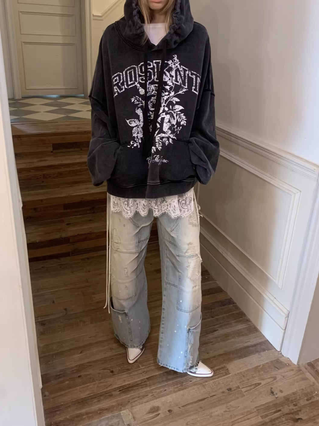 Print Slouchy Sleeve Washed Hoodie