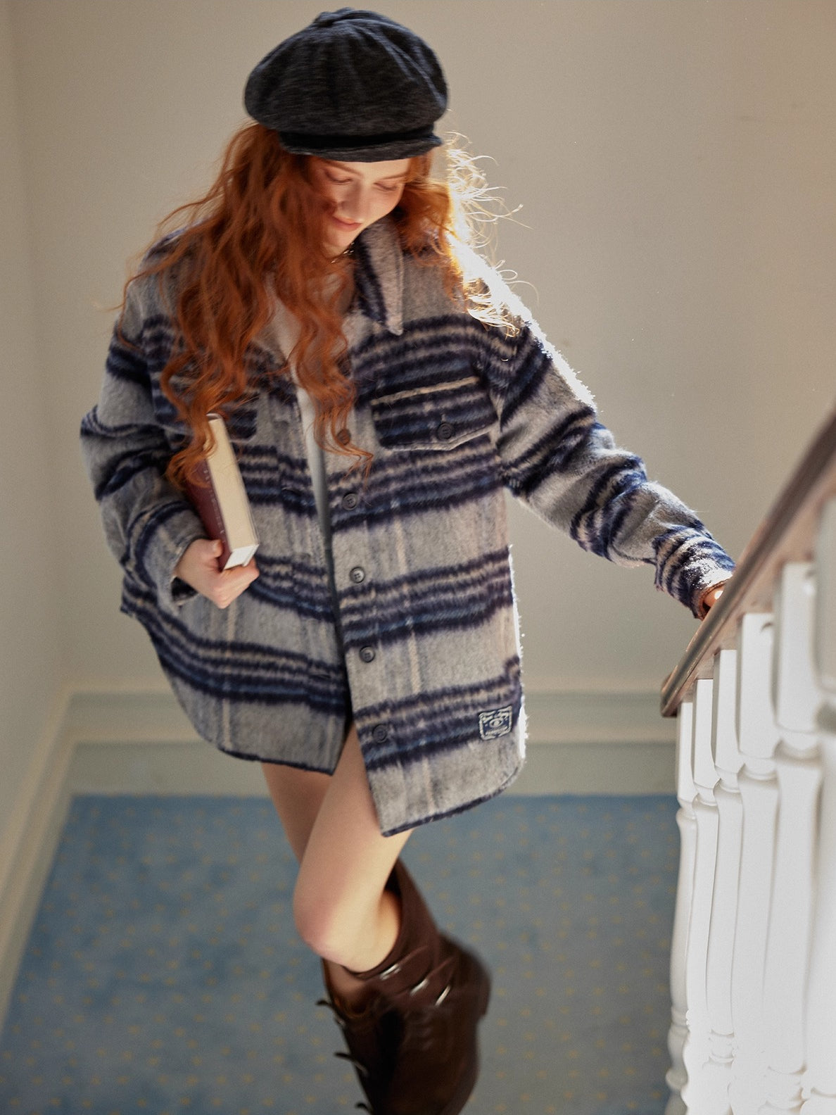 Plaid Contrast-Collar Wool-Blend Overshirt Jacket
