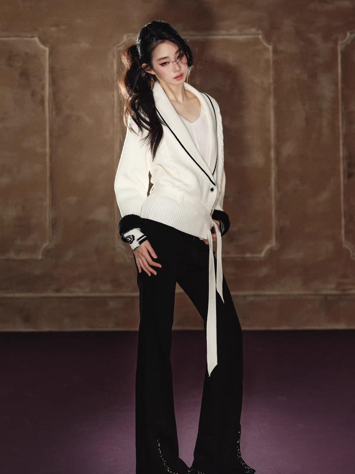 Oversized Contrast V-Neck Tie-Waist Knit Sweater