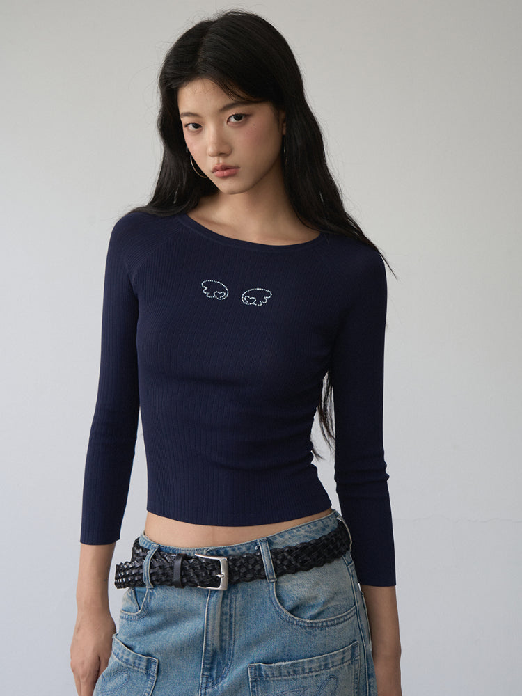 Rhinestone Heart Wings Slim Long-sleeved T-shirt - CHINASQUAD