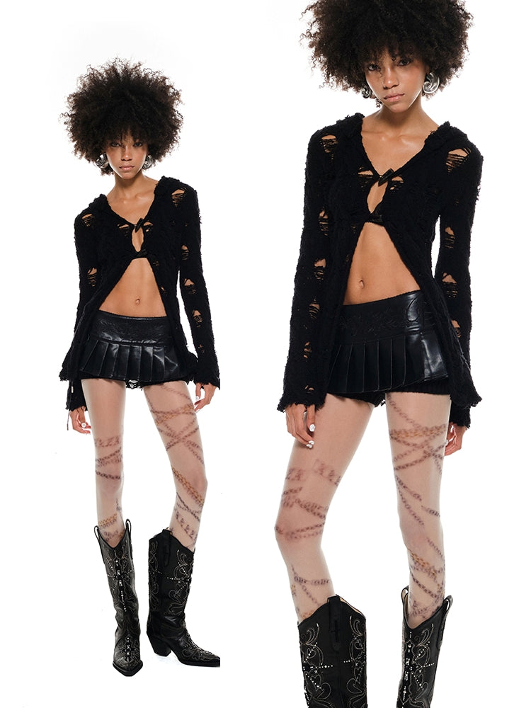 Black & White Hollow Out Knit Hoodie - CHINASQUAD