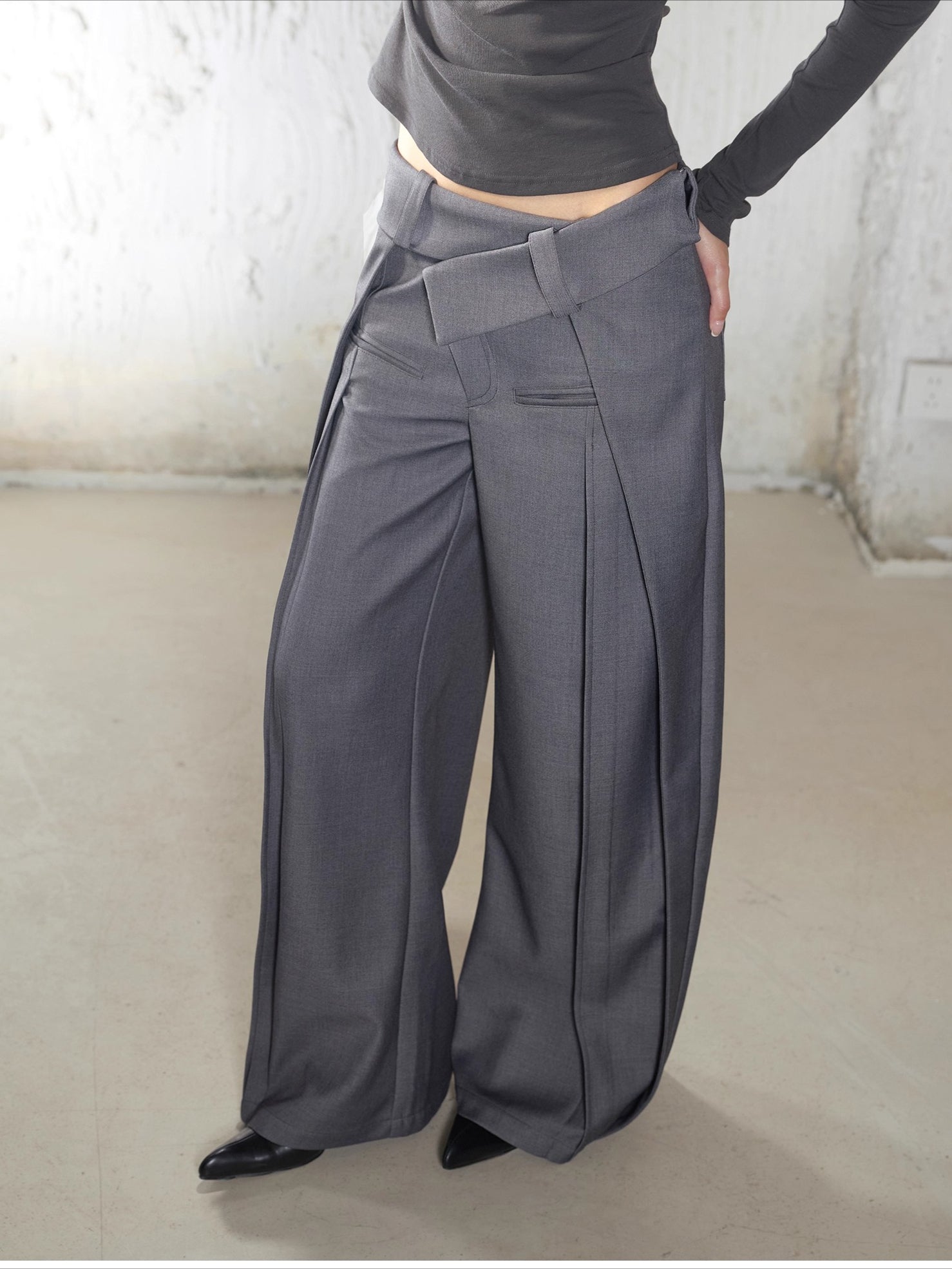 Irregular Folded-Waist Wide-Leg Trousers
