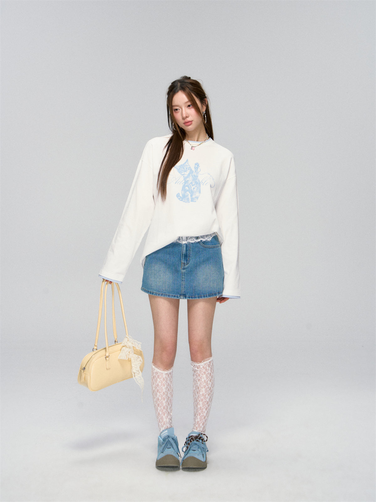 Blue Lace-Trim Denim Skirt - CHINASQUAD
