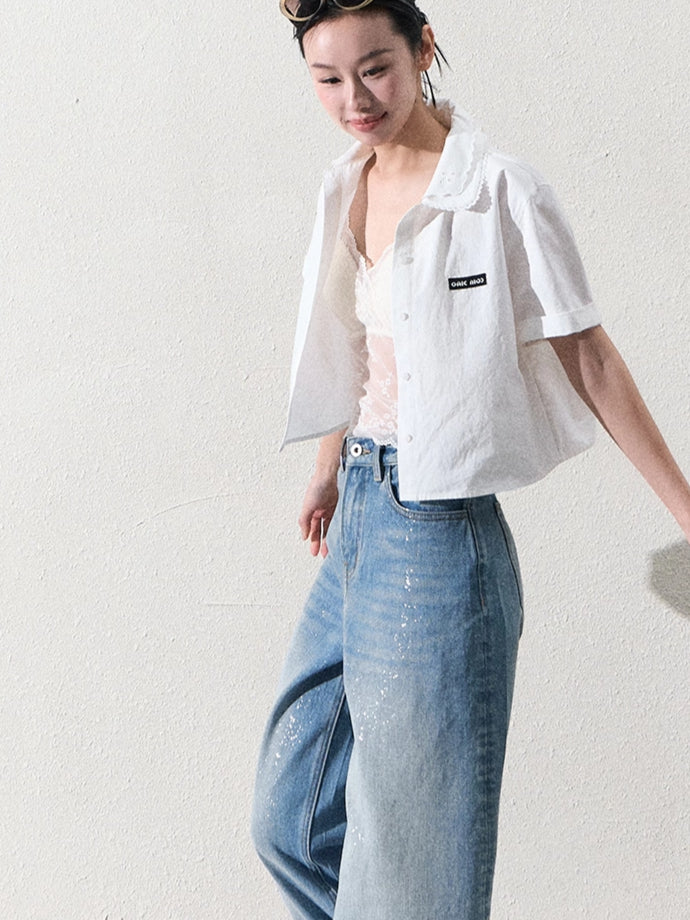 Cotton Silver-Splatter Wide-Leg Jeans