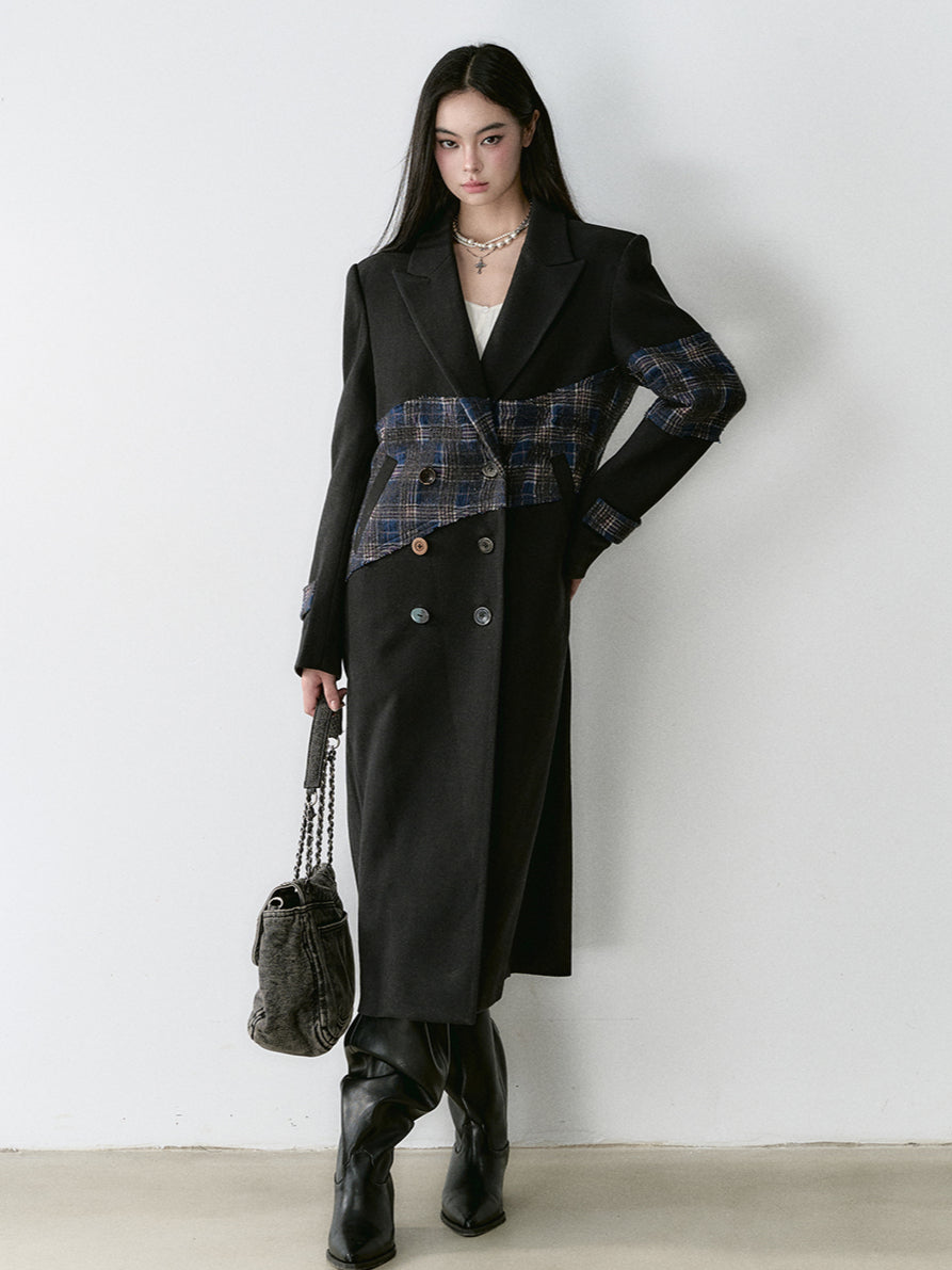 Wool Blend Plaid Patchwork French Coat - CHINASQUAD
