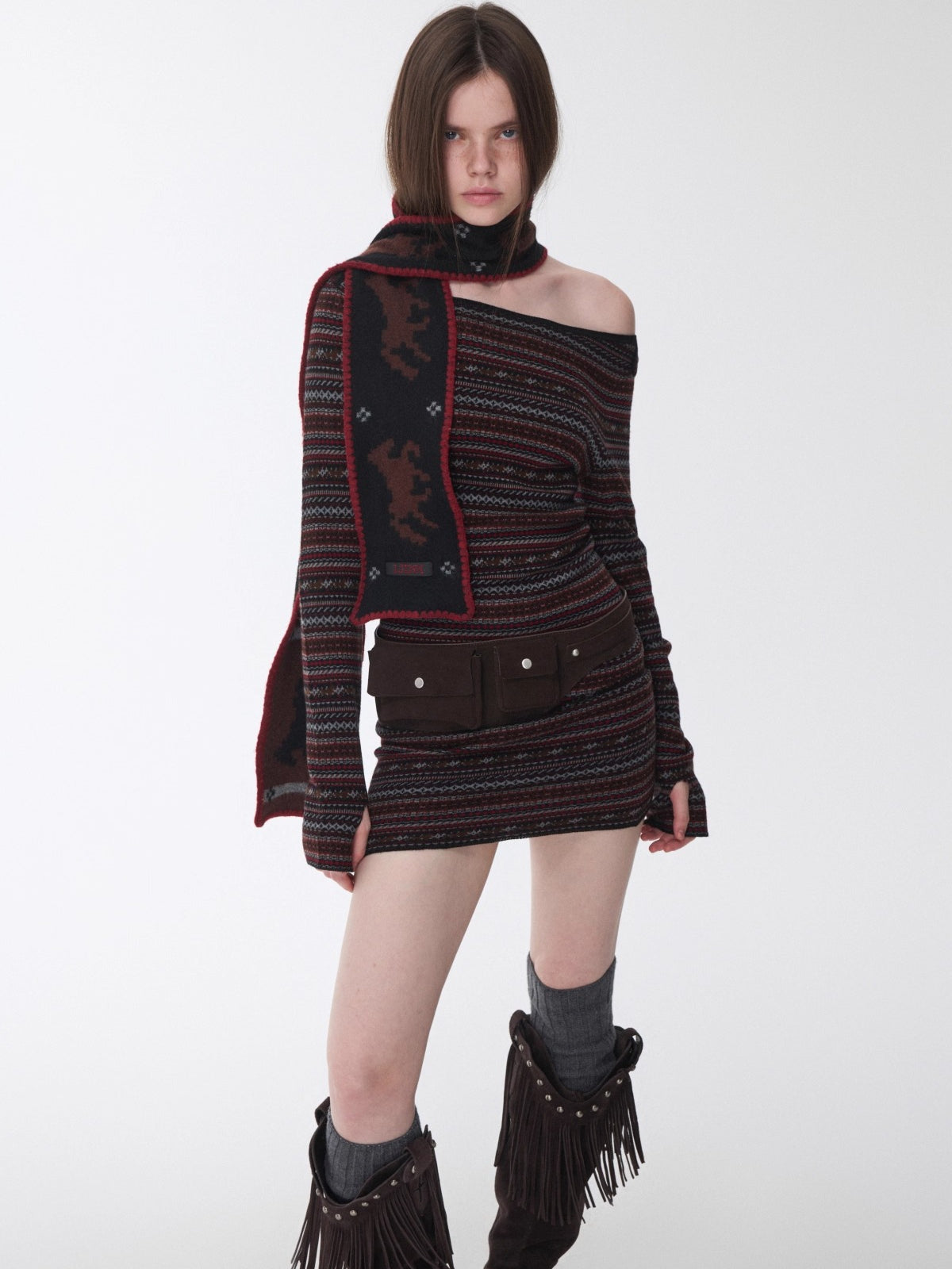 Fair Isle Off-Shoulder Jacquard Knit Dress