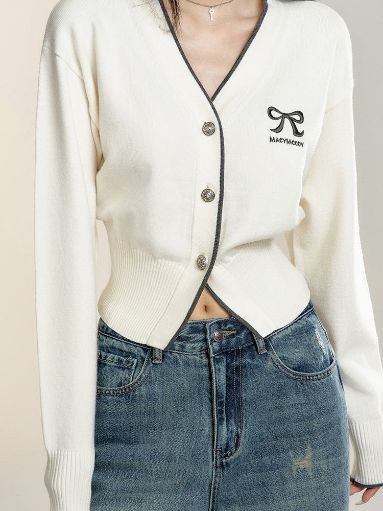 White V-neck Cropped Cardigan - CHINASQUAD