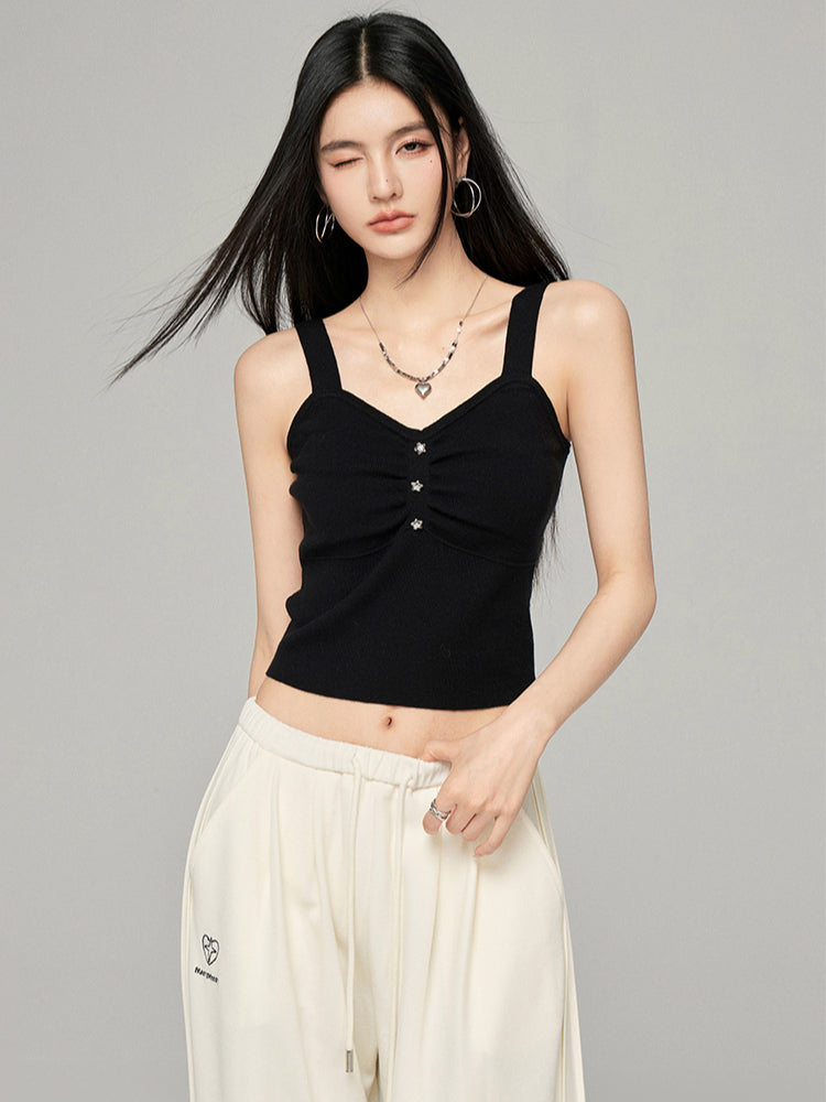 Star Print Slimming Wide Shoulder Strap Knit Vest - CHINASQUAD