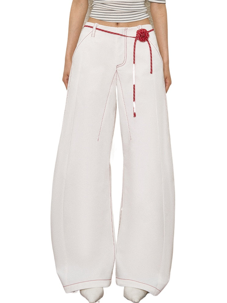 Rose Belt Contrast-Stitch Curved Jeans - CHINASQUAD