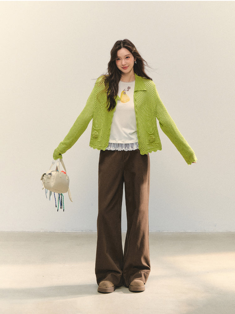 Hollow-out 3D Flower Crochet Lapel Cardigan - CHINASQUAD