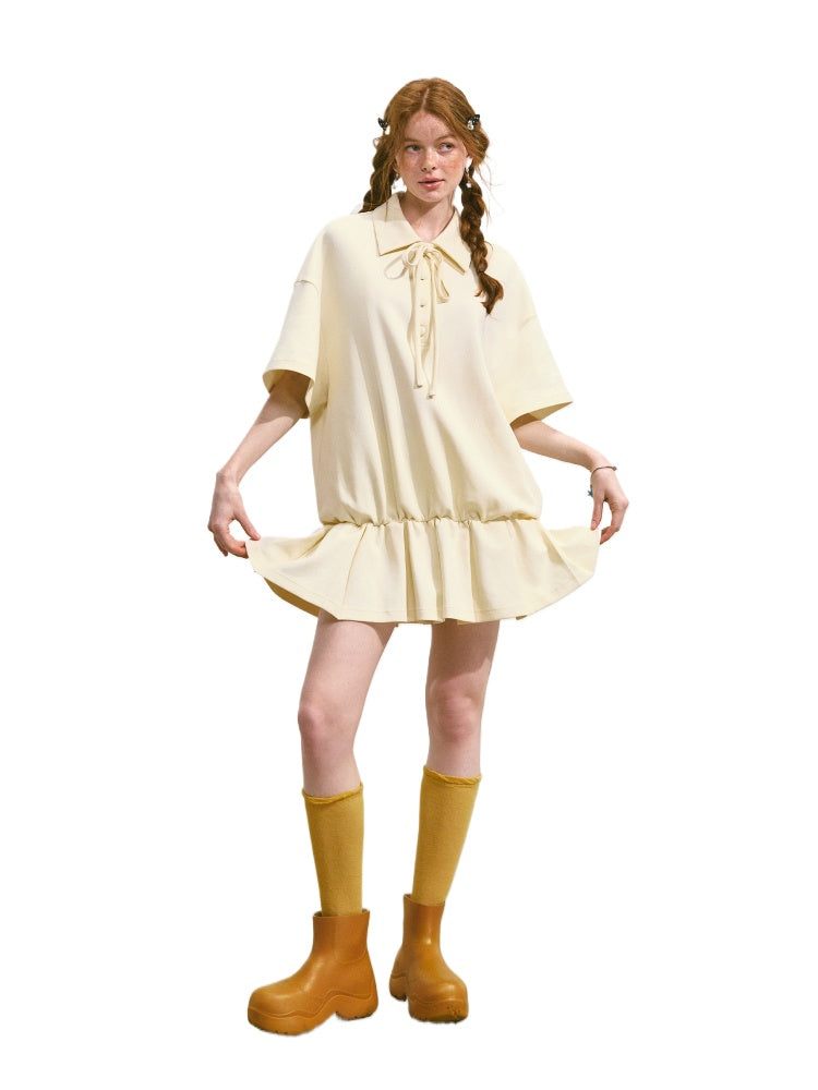 Bowknot Pleated Short-sleeved Dress - CHINASQUAD