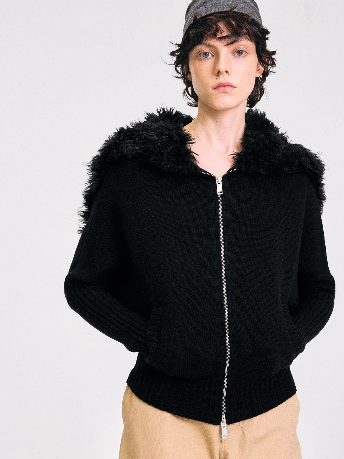 Wool-Blend Hooded Faux Fur Collar Knit Jacket