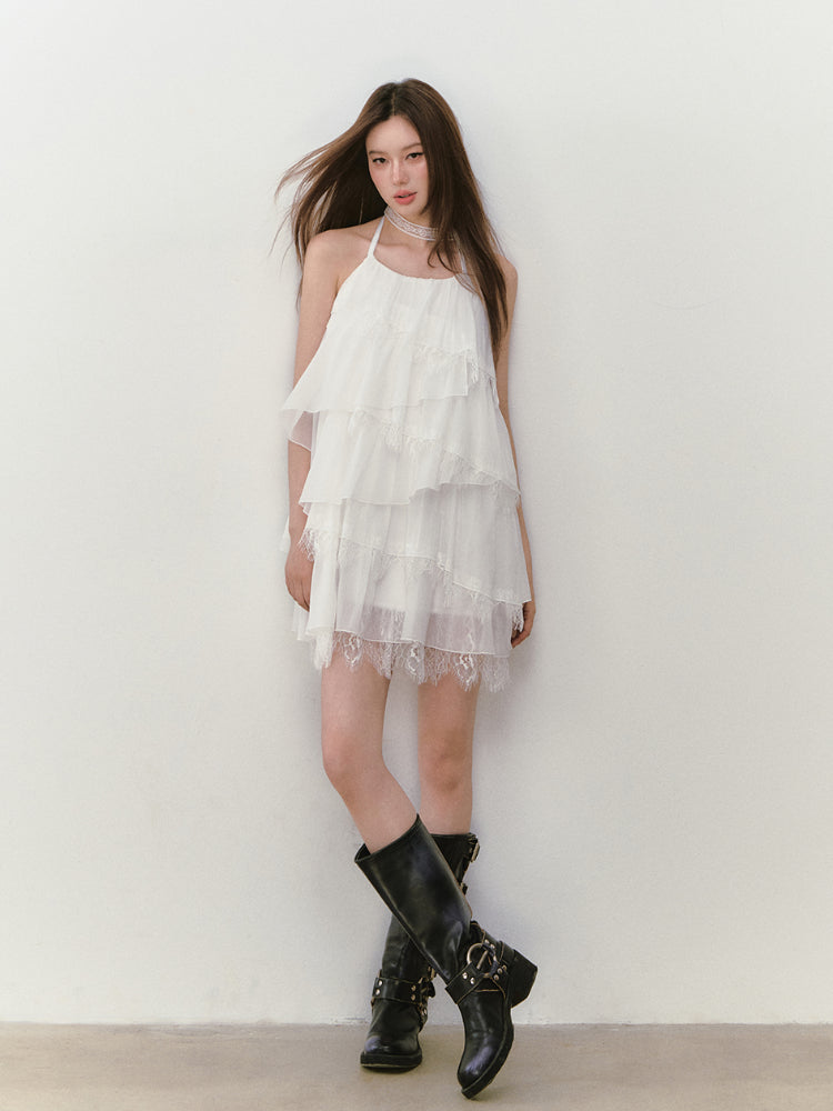 Lace-spliced Cake-style Halter Dress