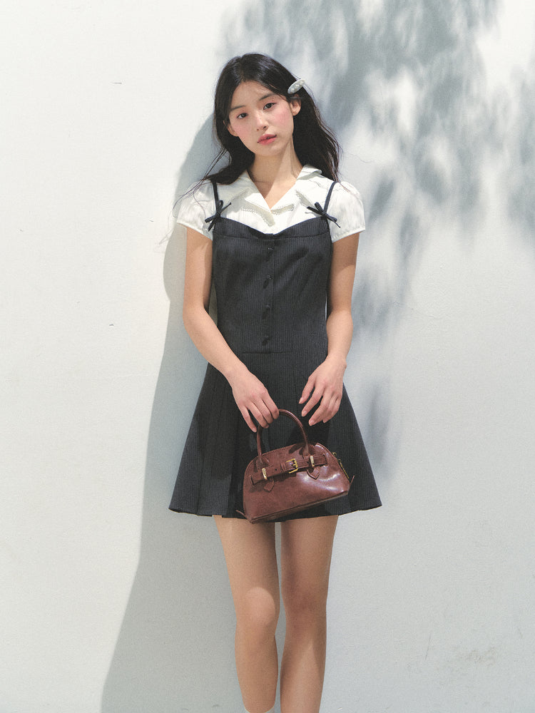 Academy Style Fake Two-piece Pleated Dress - CHINASQUAD