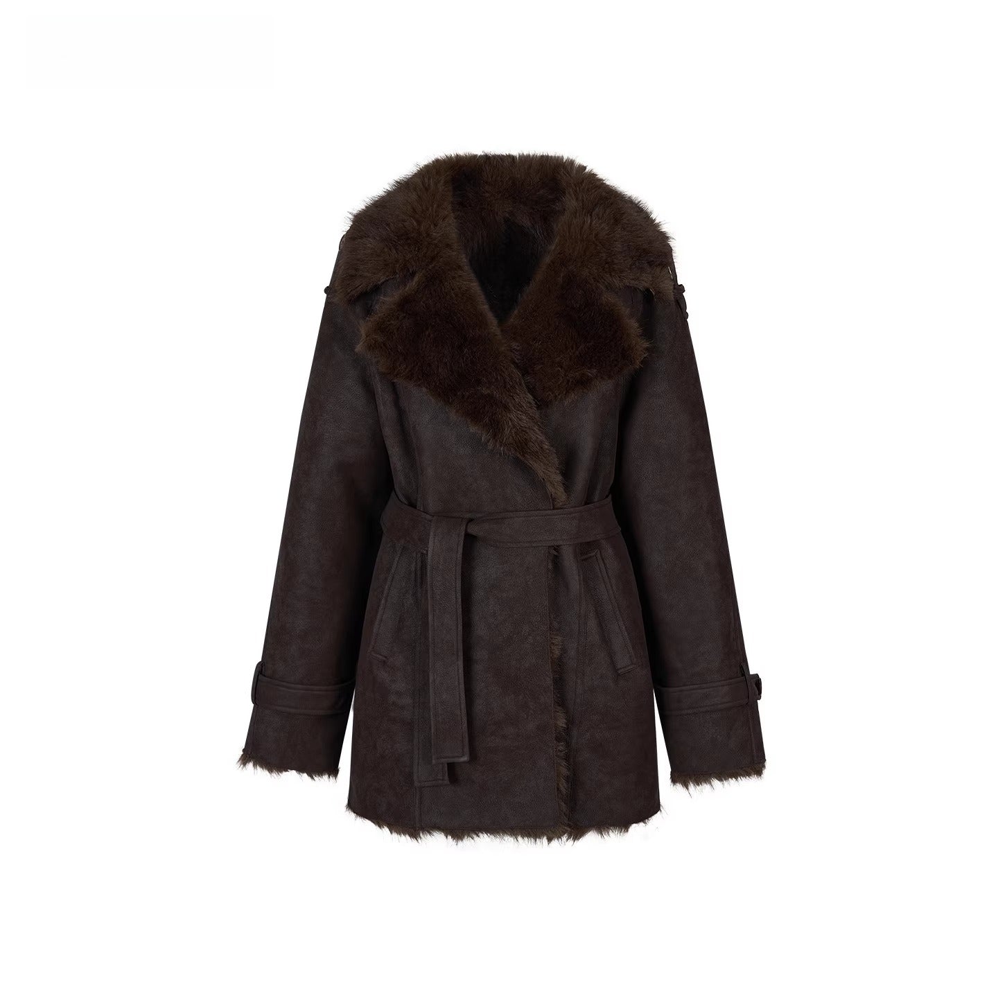 Faux Shearling-Lined PU Belted Coat