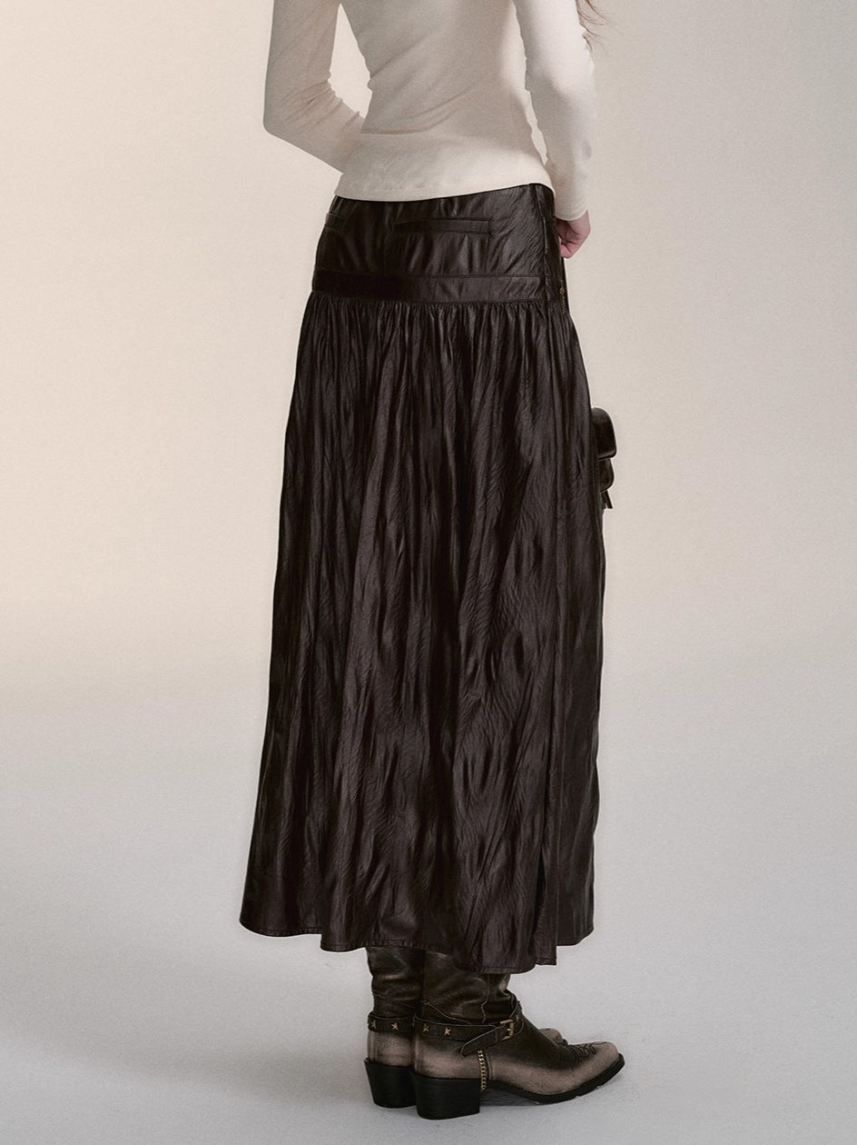 Dark Coffee PU Midi Skirt - CHINASQUAD