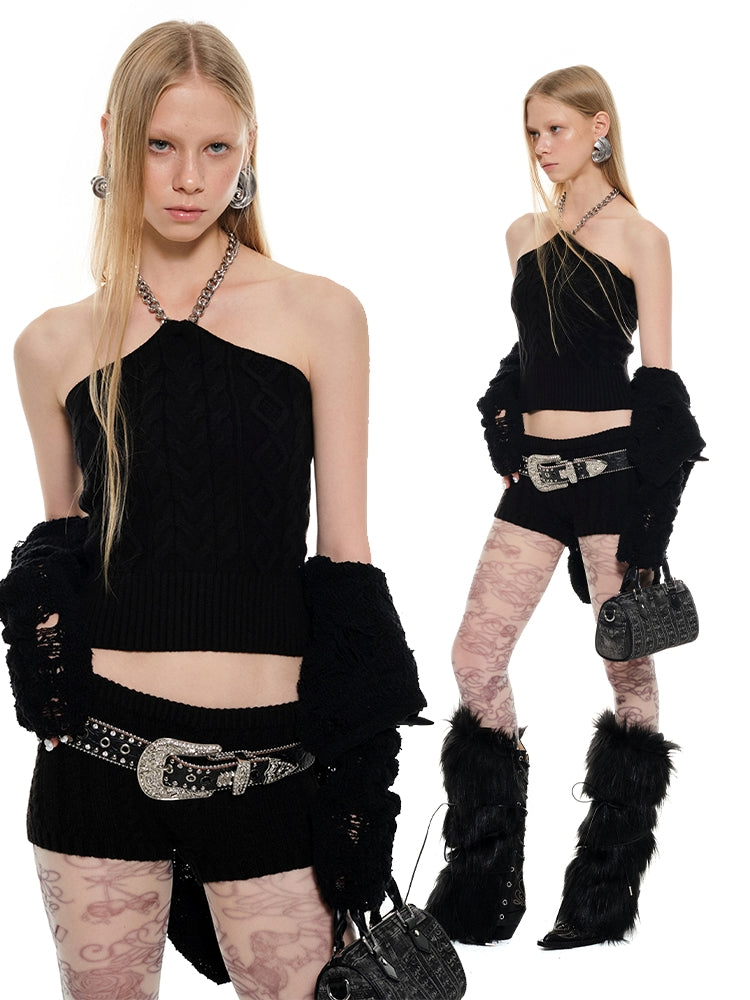 Black & White Knitted Slim-Fit Low-Waist Shorts - CHINASQUAD