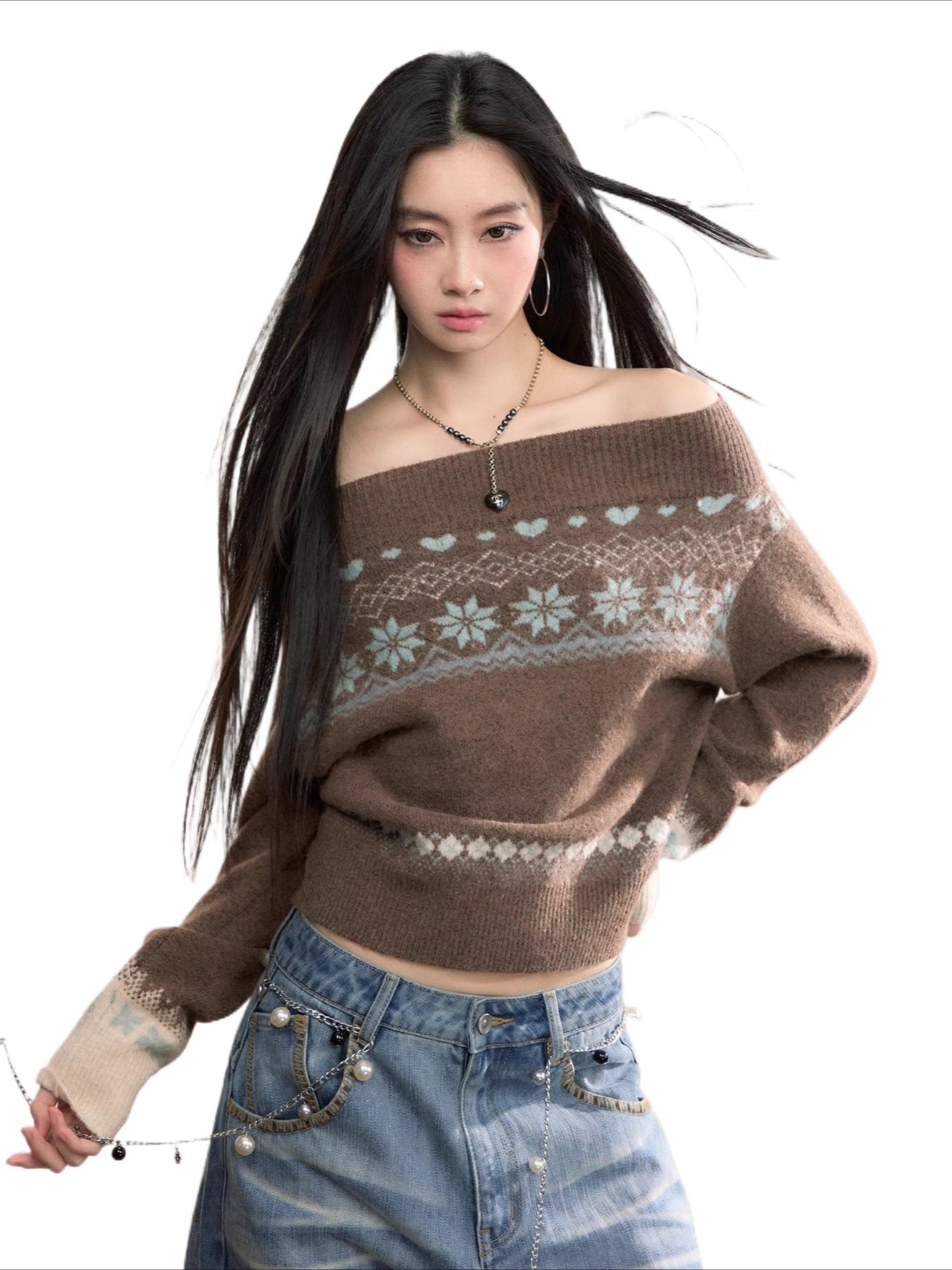 Fair Isle Off-Shoulder Wool Blend Knit Sweater