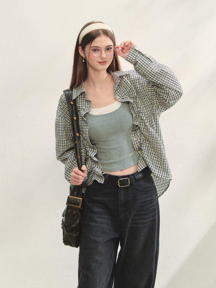 Checkered Contrast Hem Drawstring Pleated Shirt - CHINASQUAD