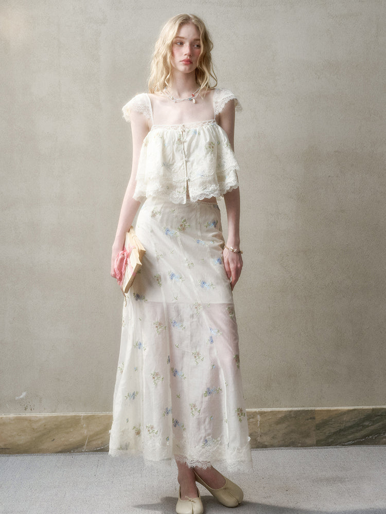 Lace Embroidery Flower French - Style Shirt & Skirt Set - CHINASQUAD