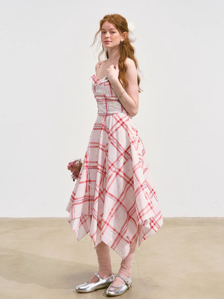 Plaid Irregular Waist-Cinching Spaghetti Strap Dress - CHINASQUAD