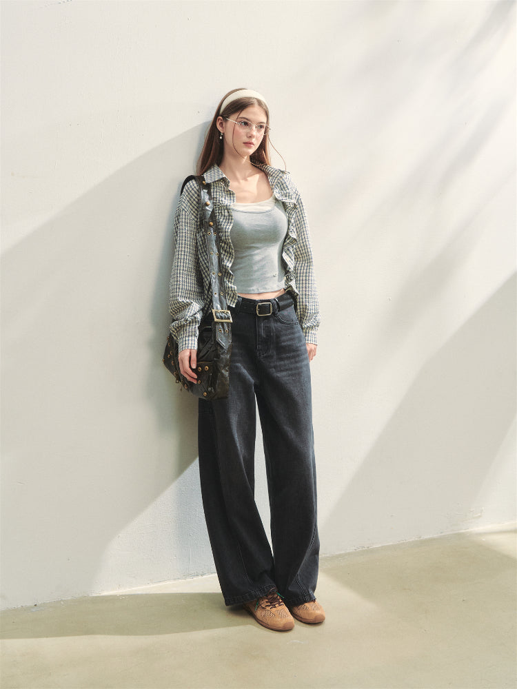 Checkered Contrast Hem Drawstring Pleated Shirt - CHINASQUAD