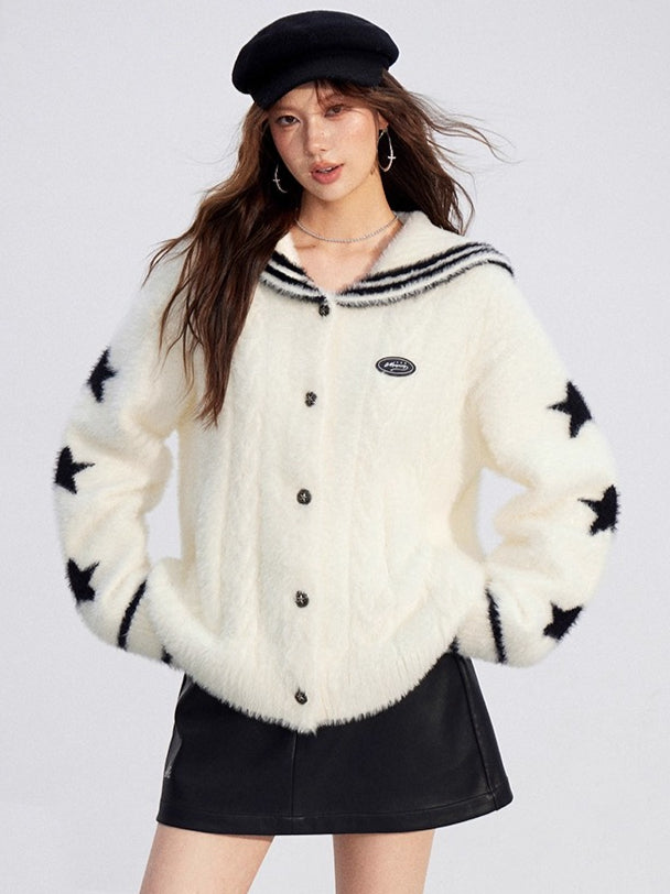 Navy-Collar Mink Plush Knit Turtleneck