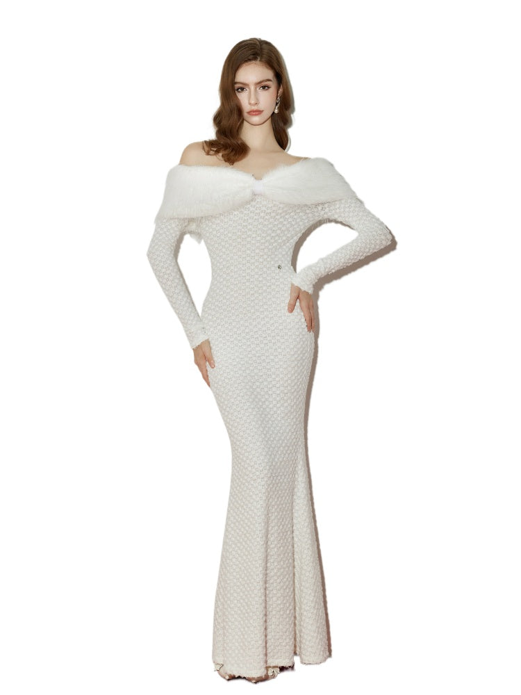 Off-Shoulder Fur Collar Feather Yarn Dress - White / L Off-Shoulder Fur Collar Feather Yarn Dress - White / L