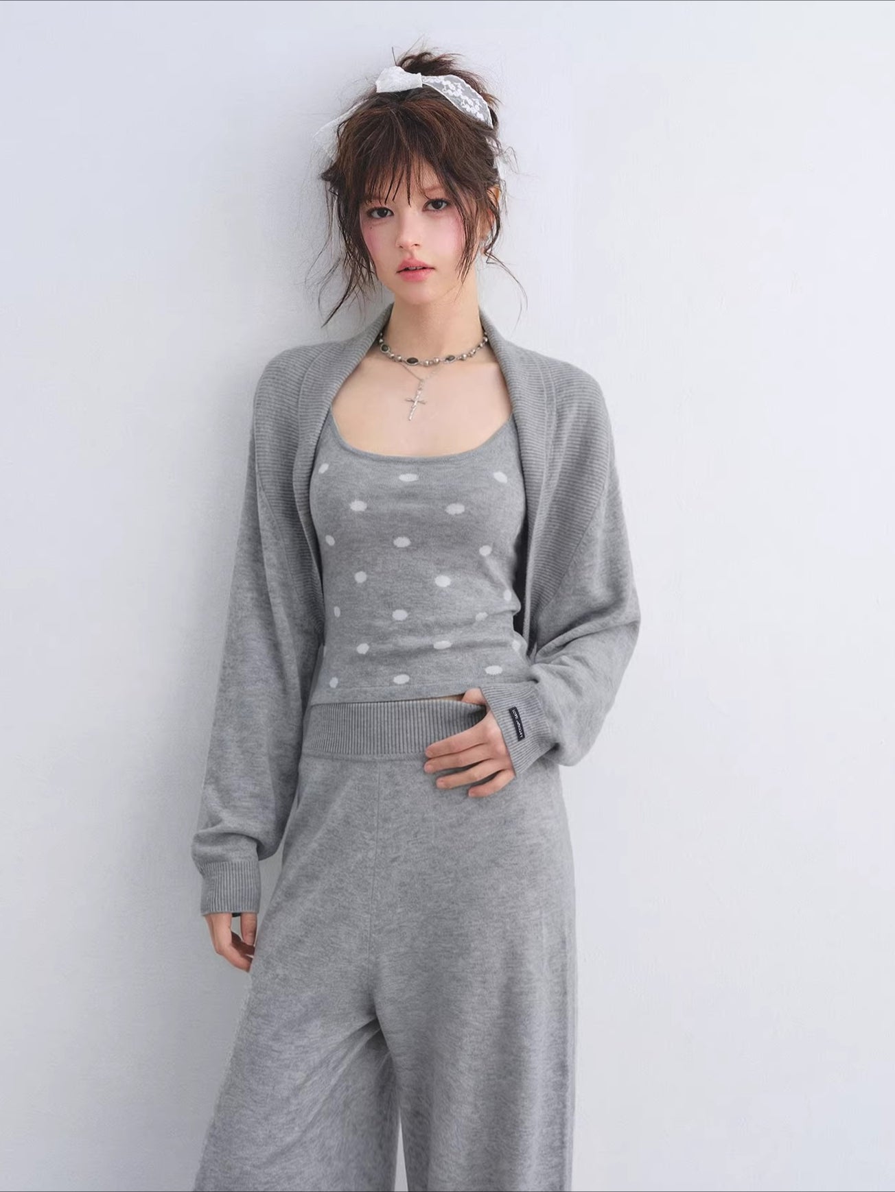 Contrast Polka Dot Cardigan & Cami Set