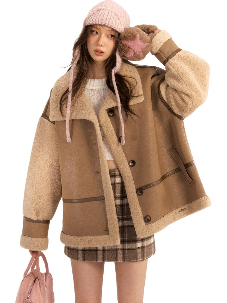 (Final Sale) Color Block & Striped Faux Lamb Wool Coat - CHINASQUAD