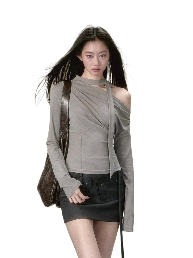Gray & Black Ruched Draped Asymmetric Blouse