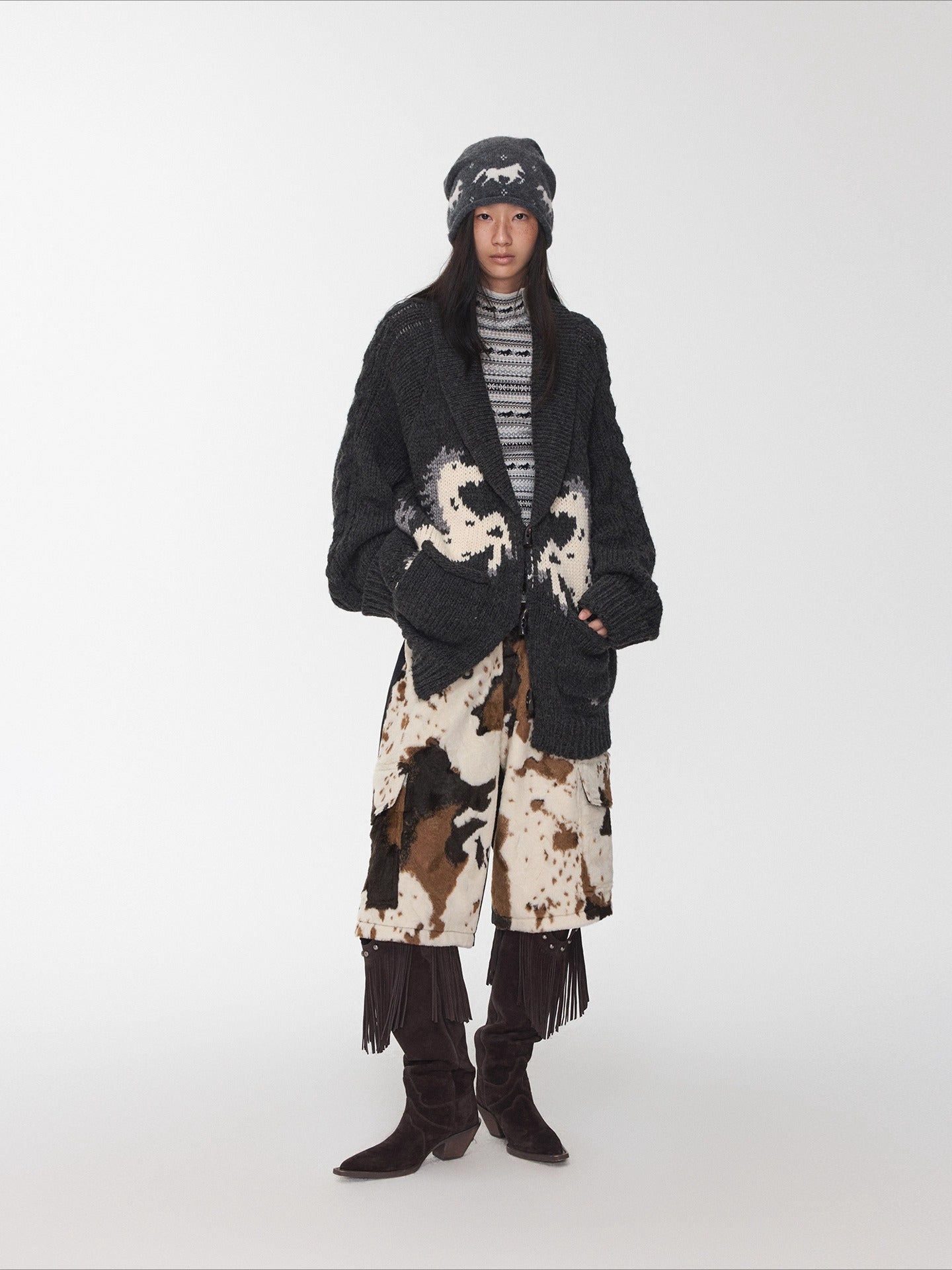 Pony Jacquard Horn-Button Chunky Cardigan