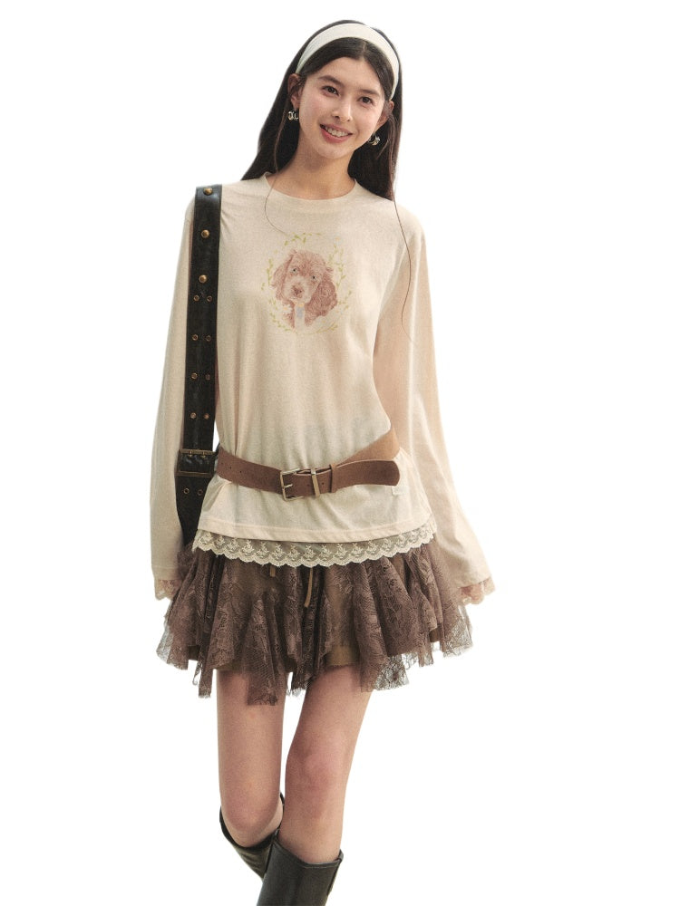 Lace Panel Animal Print Long-Sleeve Tee - CHINASQUAD