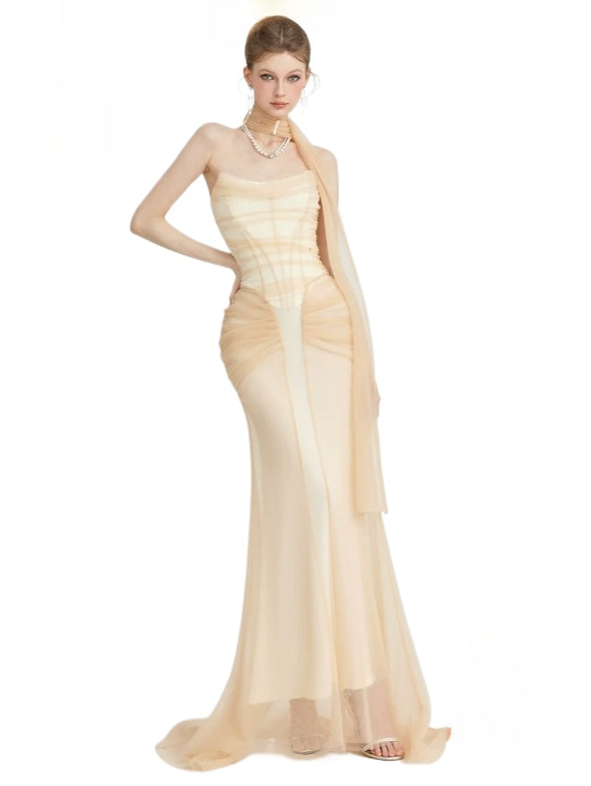 Black & Apricot Tulle Ruffled Slim-fit Strapless Dress - CHINASQUAD