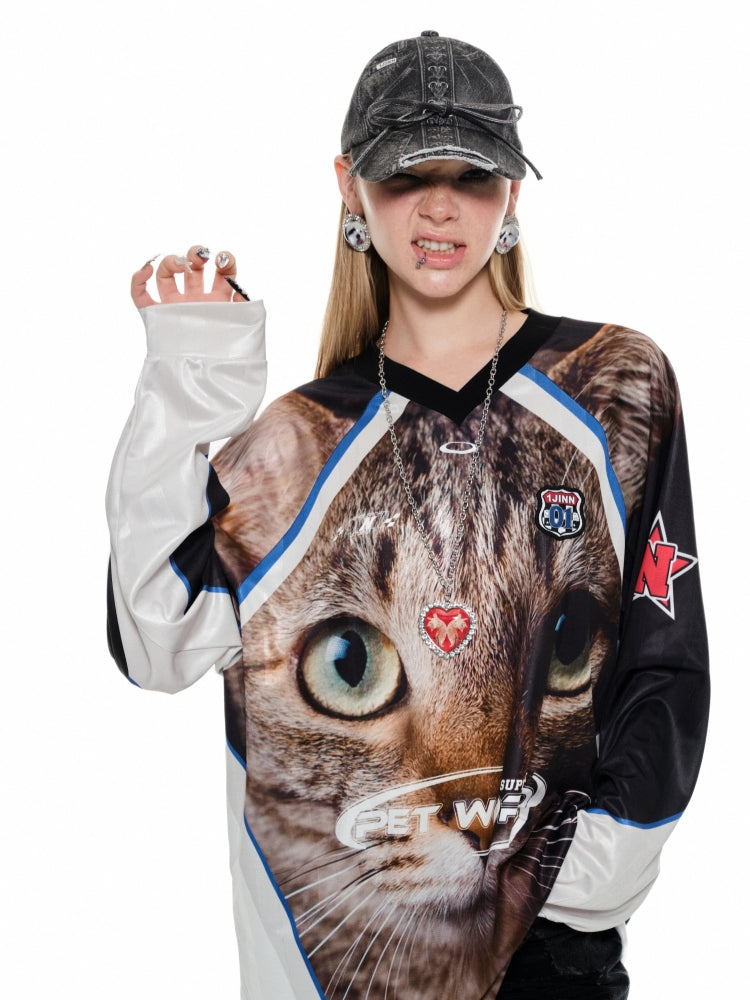 Large Face Cat Print Basketball Long T-shirt - CHINASQUAD